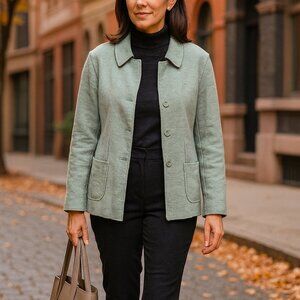 Eileen Fisher Aqua Green Blue Wool Knit Jacket Raw Edge Blazer Size M